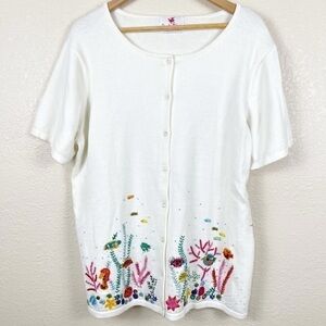 Quacker Factory Women’s XL Ivory Short Sleeve Cardigan Sea Life Embellished